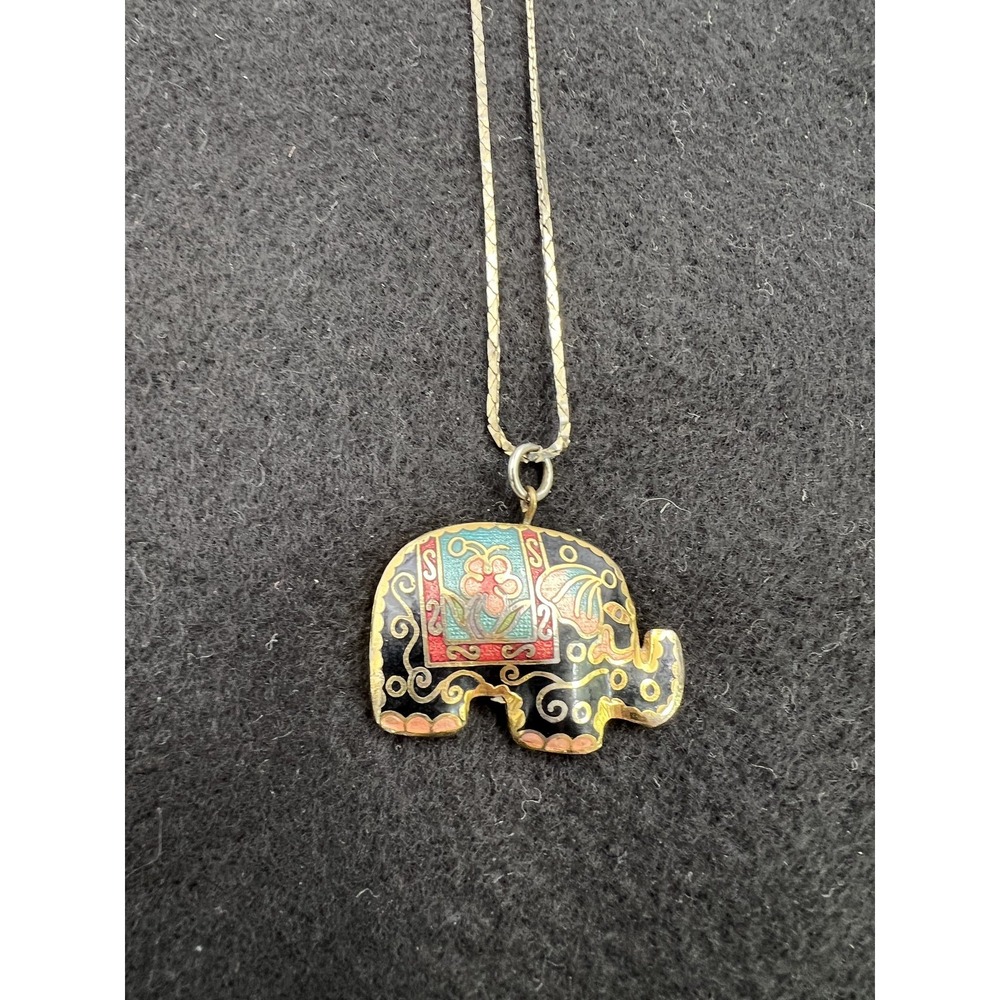 Vintage Cloisonne Elephant Pendant Necklace Gold Tone Enamel Black Red Blue 30in